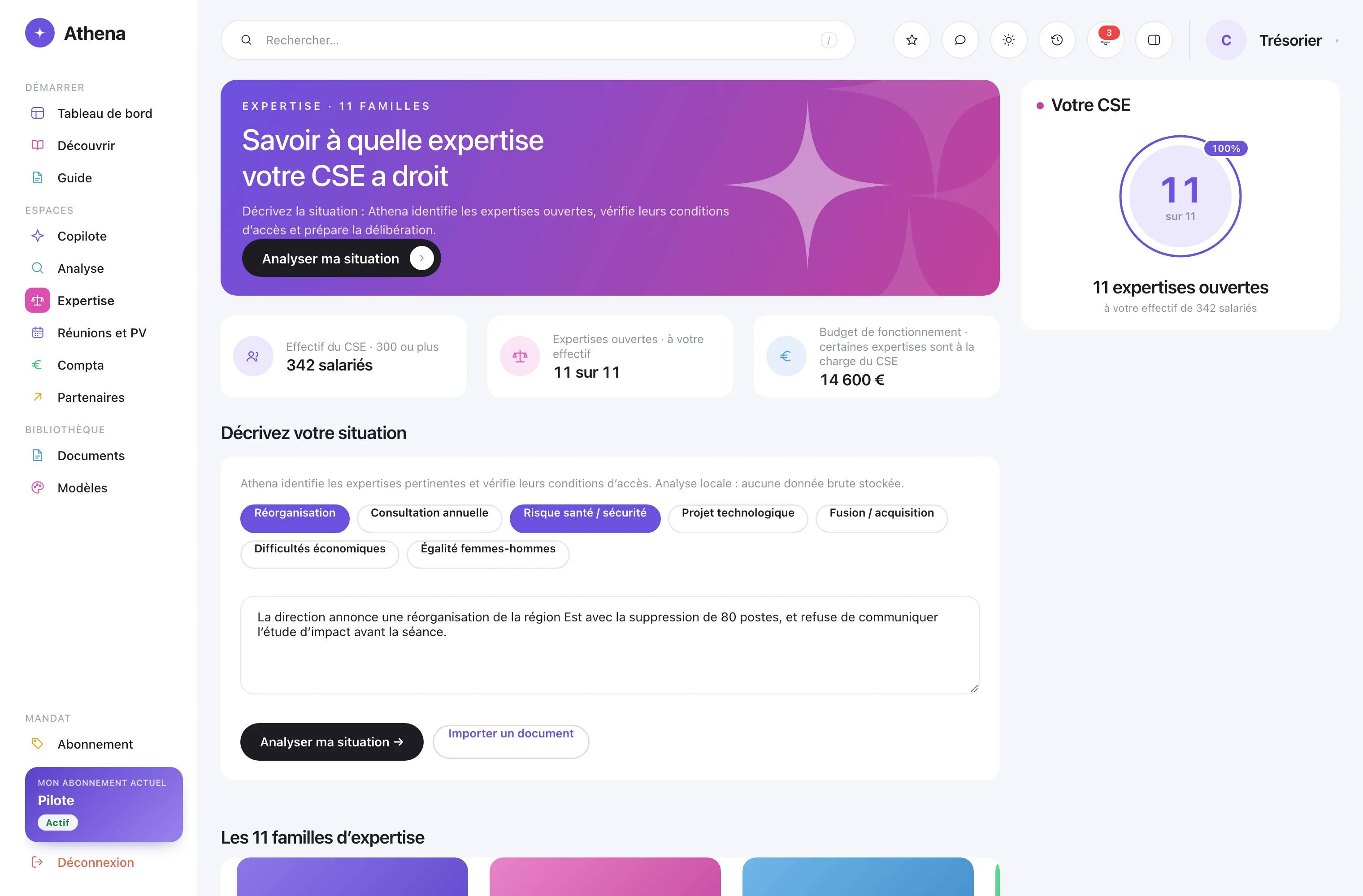 L’espace Expertise : la situation décrite en quelques mots, l’effectif du CSE, le nombre d’expertises ouvertes à cet effectif, et le catalogue des onze familles avec leur financement.